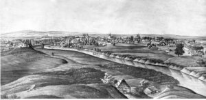 Grafika z XIX wieku przedstawiająca panoramę Rzeszowa